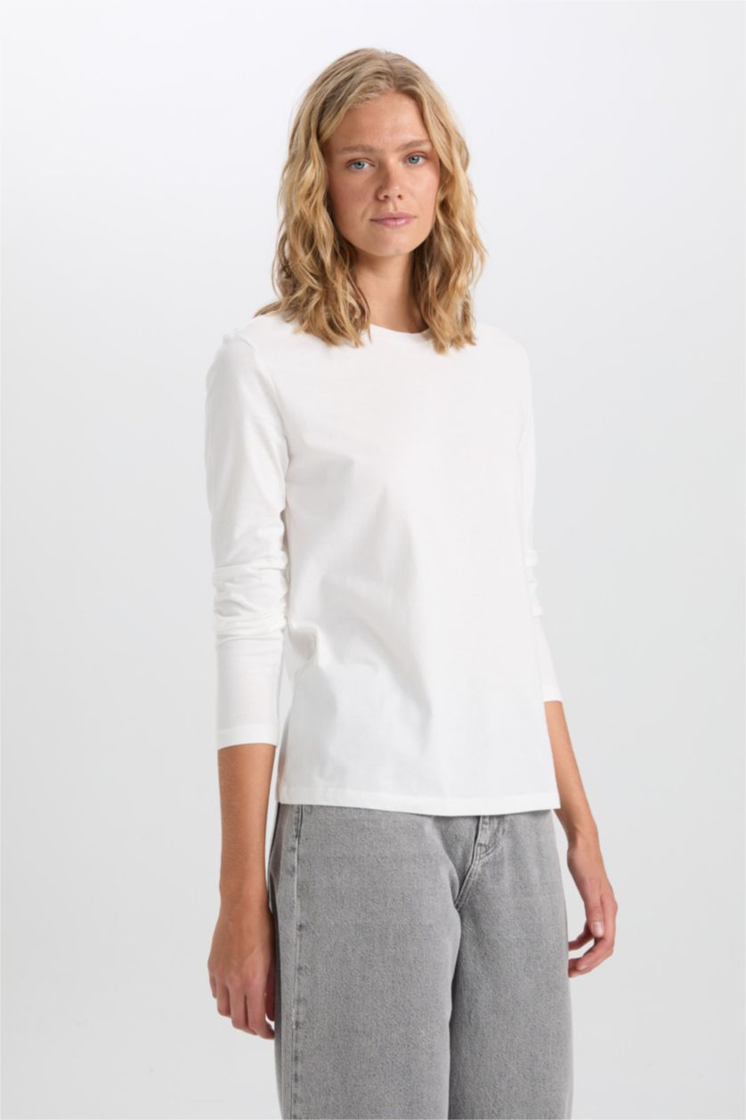FEMME Écru T-Shirt À Manches Longues En Tricot Coupe Régulière