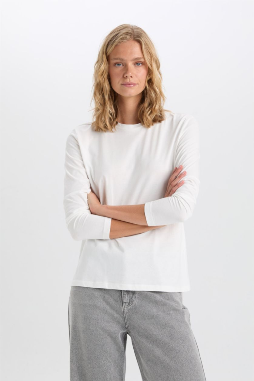 FEMME Écru T-Shirt À Manches Longues En Tricot Coupe Régulière