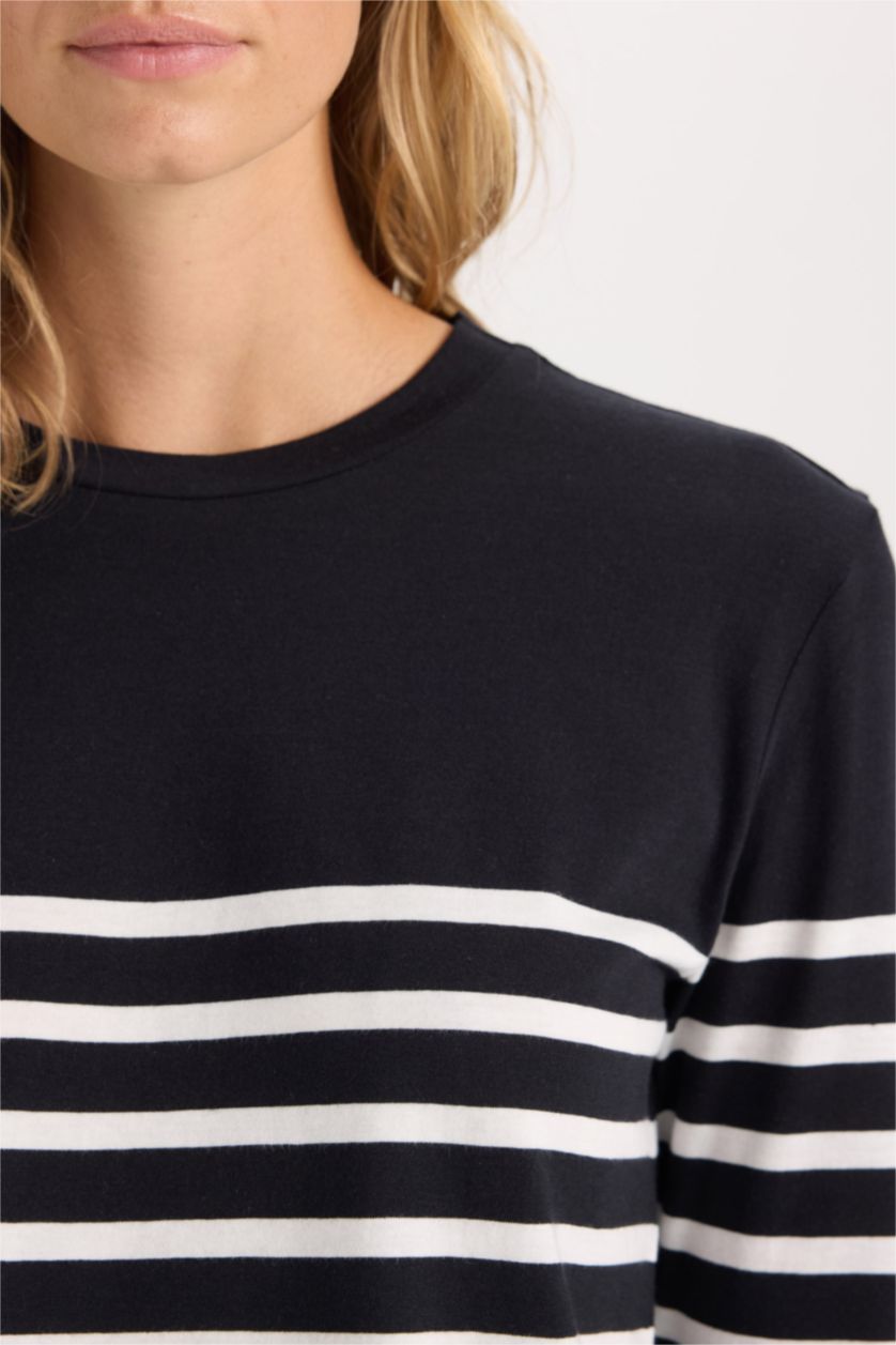 حريمي أسود تيشيرت كم طويل قصة عادية برقبة مستديرة