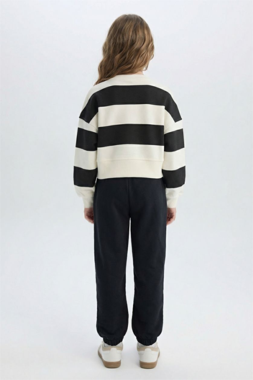 Kız Çocuk - Genç Kız Siyah Kız Çocuk 2'li Takım Çizgili Sweatshirt Beli Lastikli Jogger Eşofman Altı