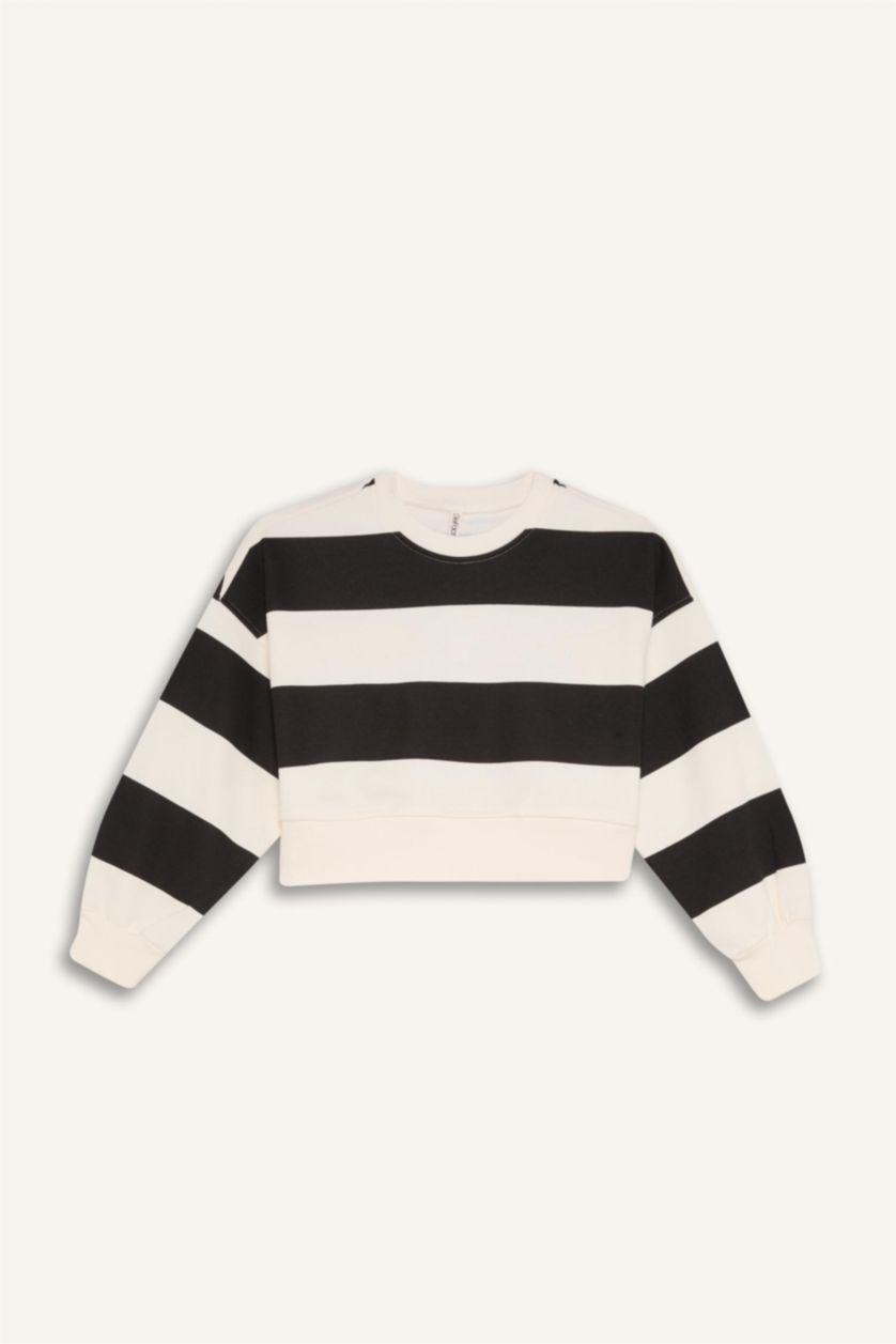 Kız Çocuk - Genç Kız Siyah Kız Çocuk 2'li Takım Çizgili Sweatshirt Beli Lastikli Jogger Eşofman Altı