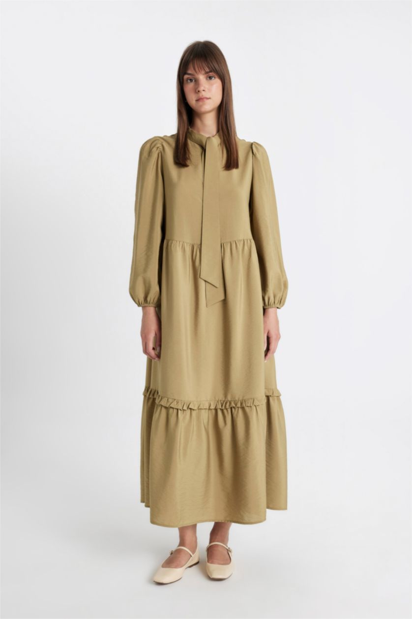WOMAN Khaki Bow Neck Long Sleeve Maxi Dress