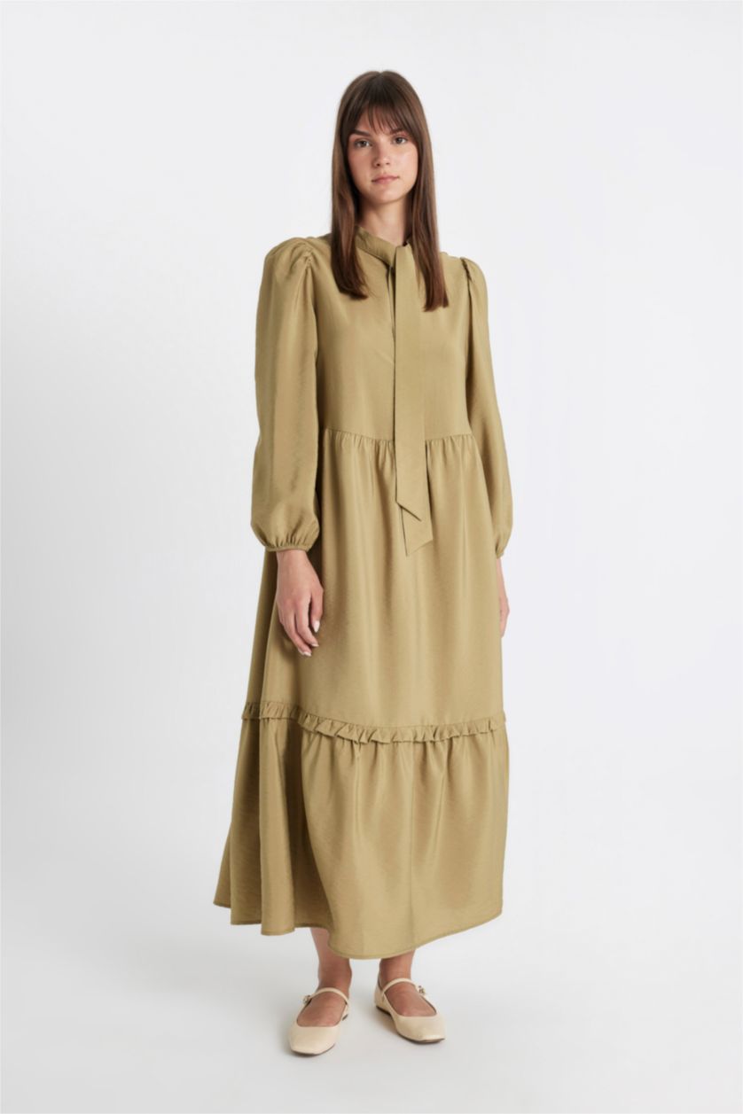 WOMAN Khaki Bow Neck Long Sleeve Maxi Dress
