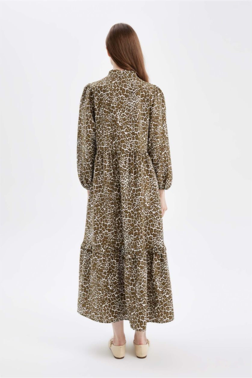 Woman Khaki Bow Neck Leopard Print Long Sleeve Maxi Dress