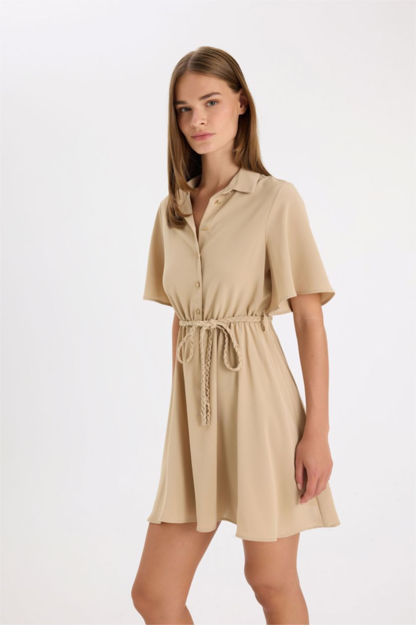 Kadın Bej Gömlek Yaka Kısa Kollu Kemerli Mini Elbise