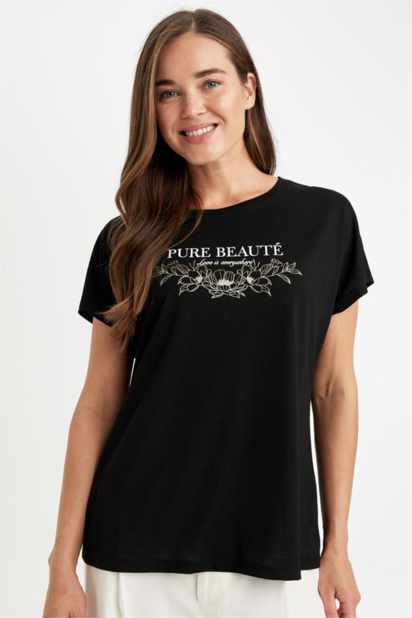 FEMME Noir T-Shirt à Manches Courtes, coupe régulière et à Col rond