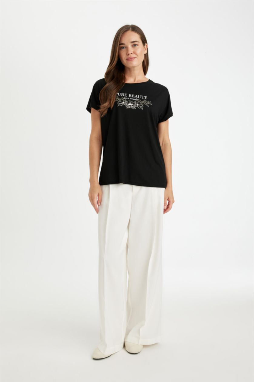 FEMME Noir T-Shirt à Manches Courtes, coupe régulière et à Col rond