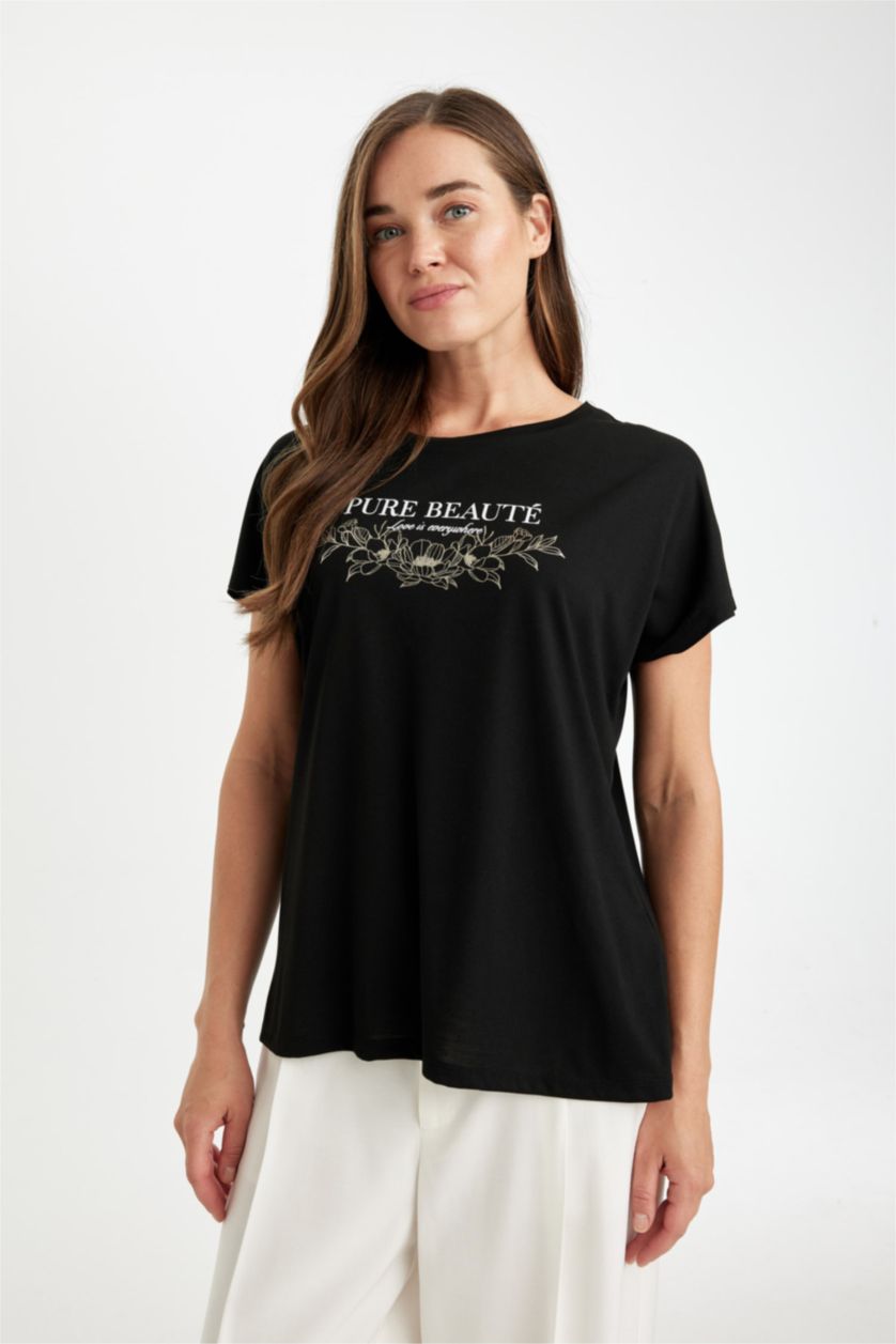 FEMME Noir T-Shirt à Manches Courtes, coupe régulière et à Col rond