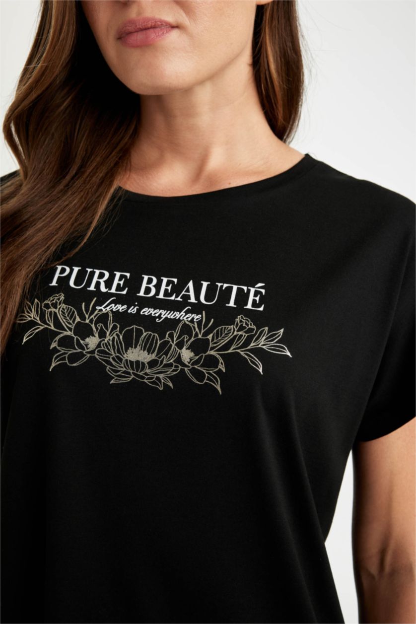 FEMME Noir T-Shirt à Manches Courtes, coupe régulière et à Col rond