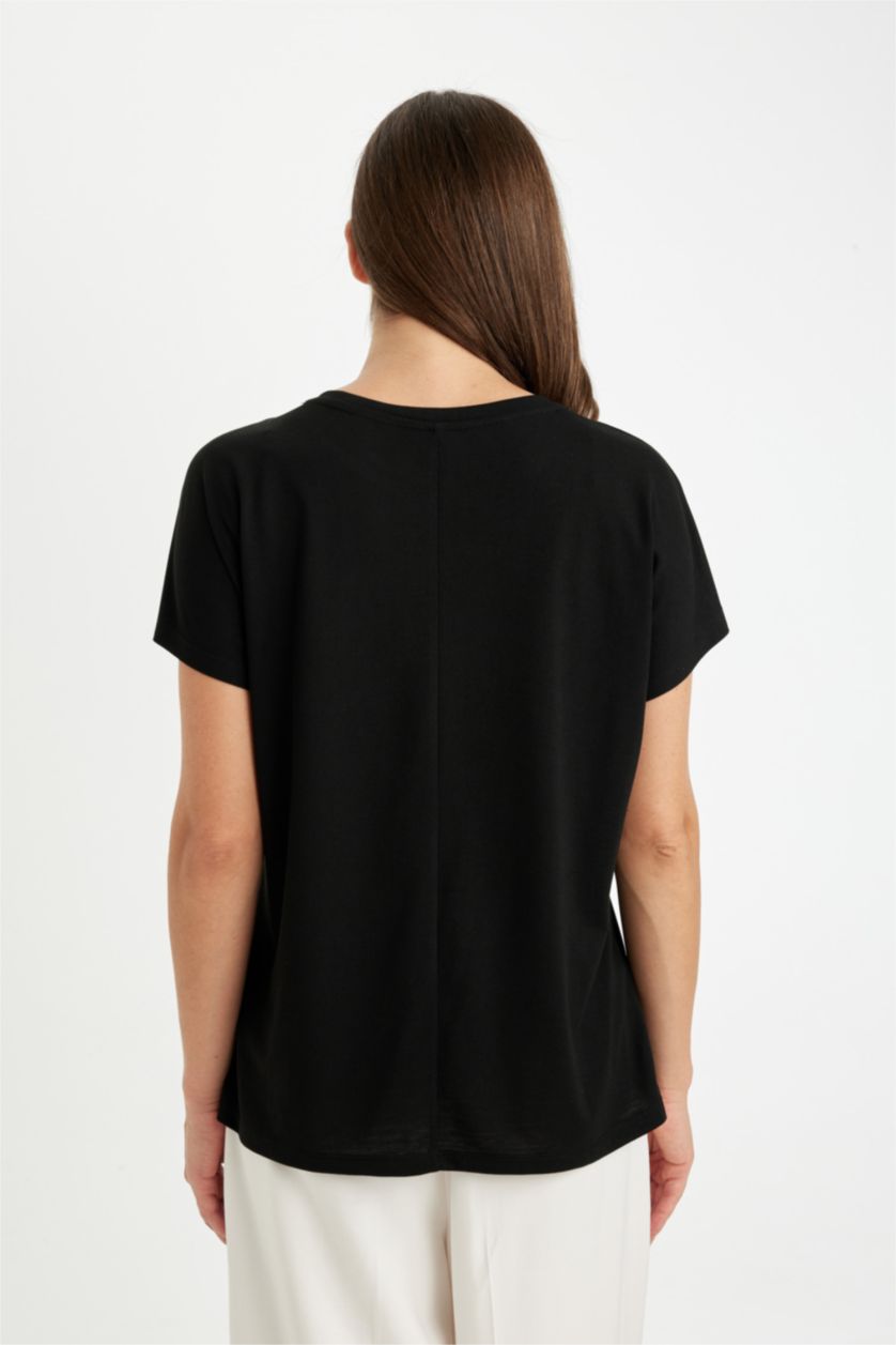FEMME Noir T-Shirt à Manches Courtes, coupe régulière et à Col rond