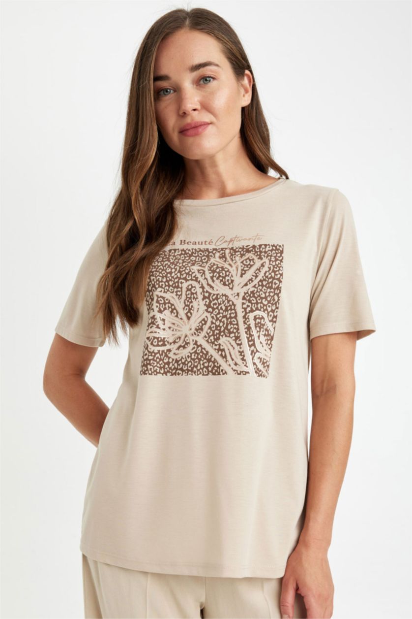 FEMME Beige T-Shirt à Manches Courtes, coupe régulière et à Col rond