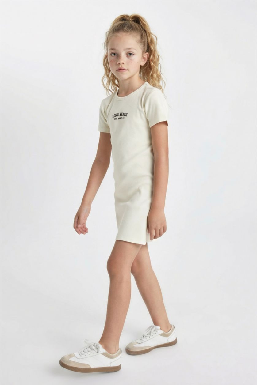 FILLES Écru Robe Jersey imprimé Côtelé à Manches Courtes pour Fille