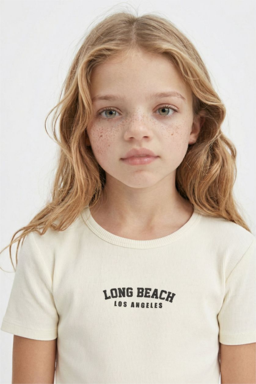 FILLES Écru Robe Jersey imprimé Côtelé à Manches Courtes pour Fille