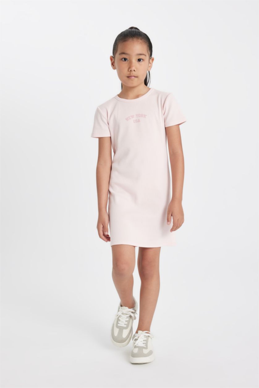 GIRLS & TEENS Light Pink Girl Printed Ribbed Camisole Short Sleeve Dress