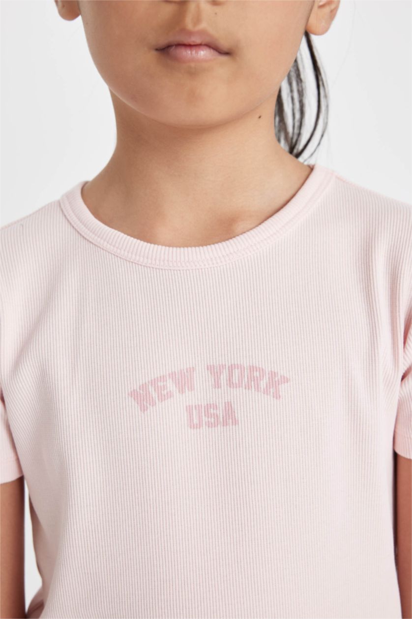 GIRLS & TEENS Light Pink Girl Printed Ribbed Camisole Short Sleeve Dress