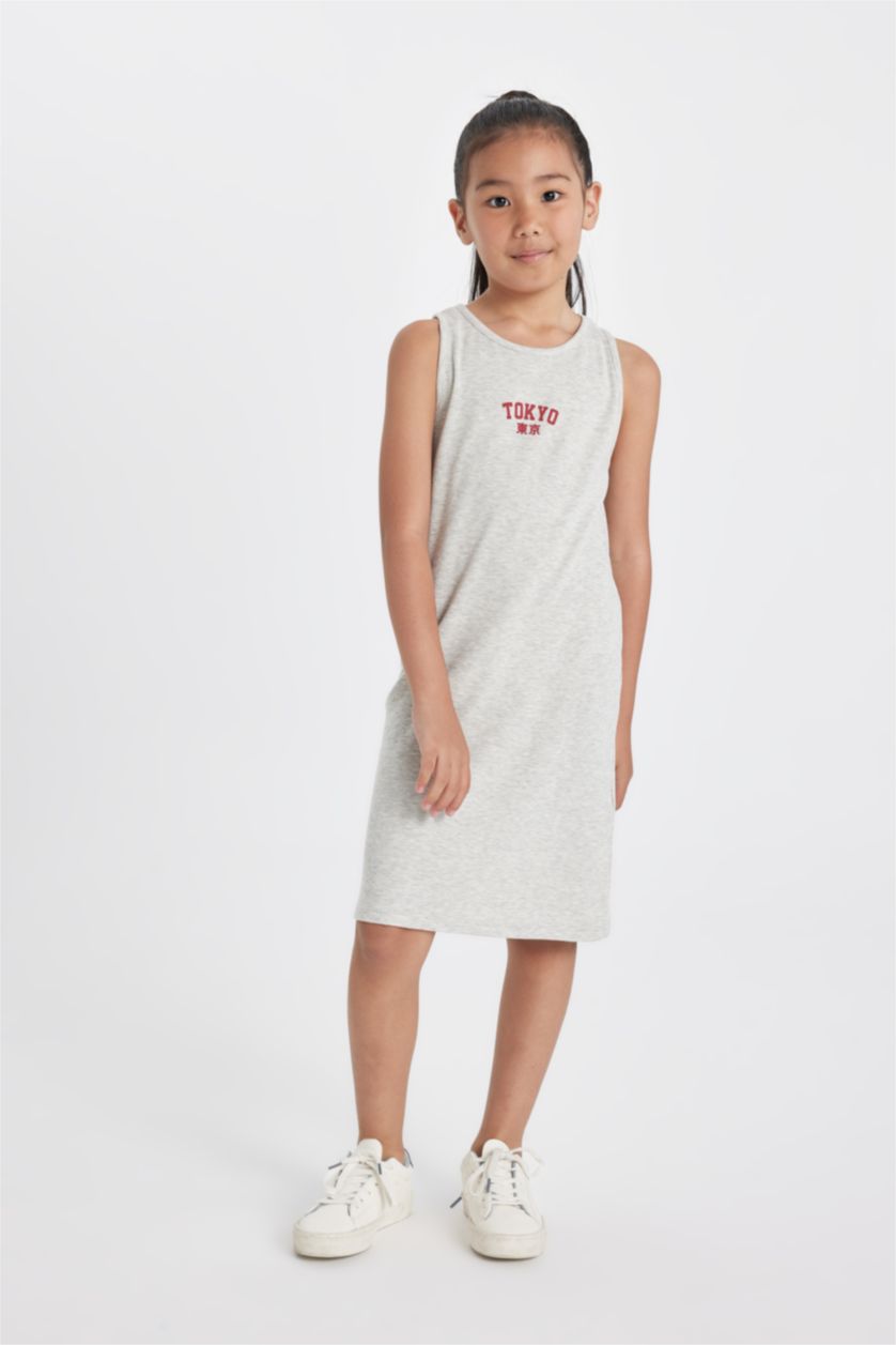 GIRLS & TEENS Light Grey Melange Girl Printed Ribbed Camisole Sleeveless Dress