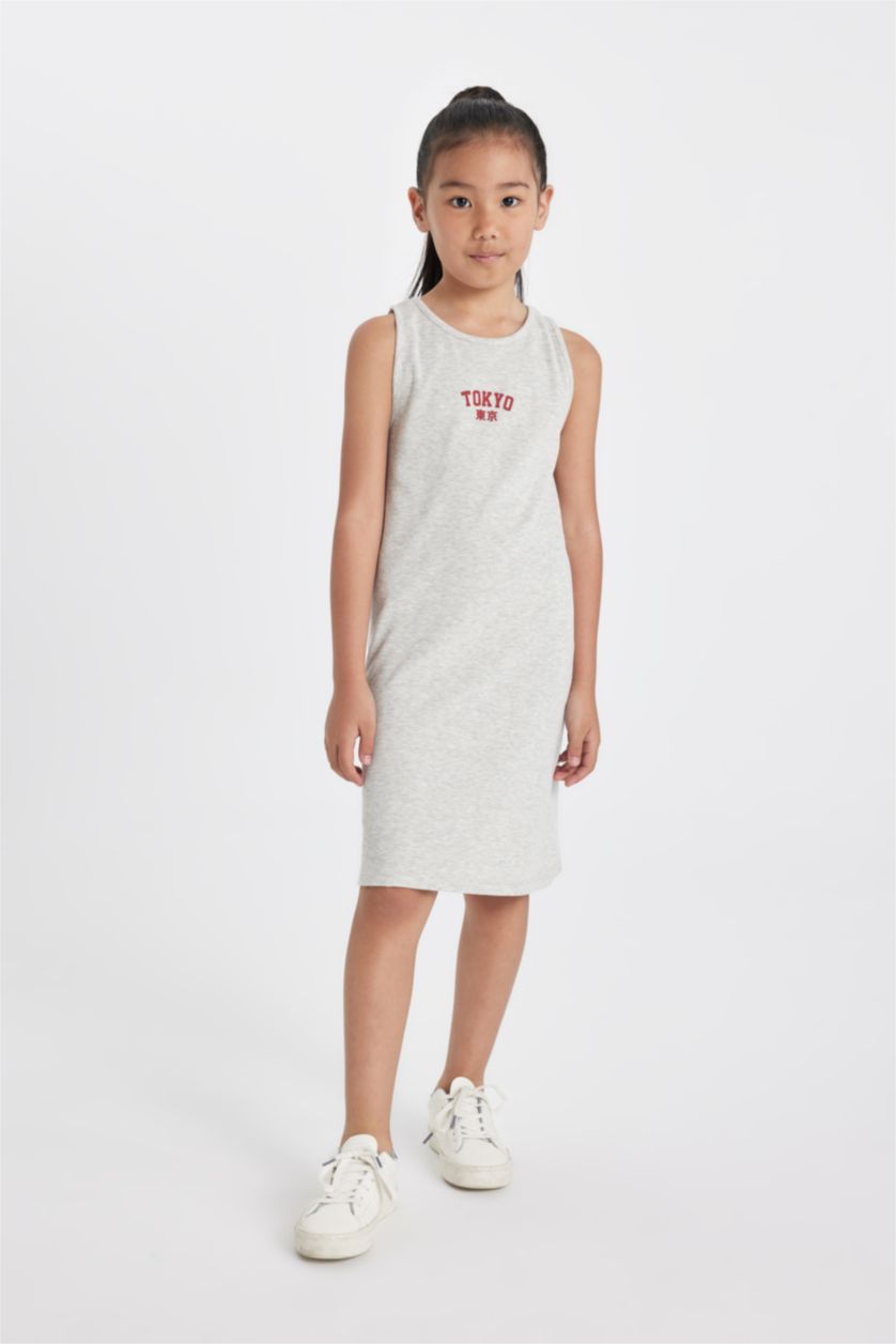 GIRLS & TEENS Light Grey Melange Girl Printed Ribbed Camisole Sleeveless Dress