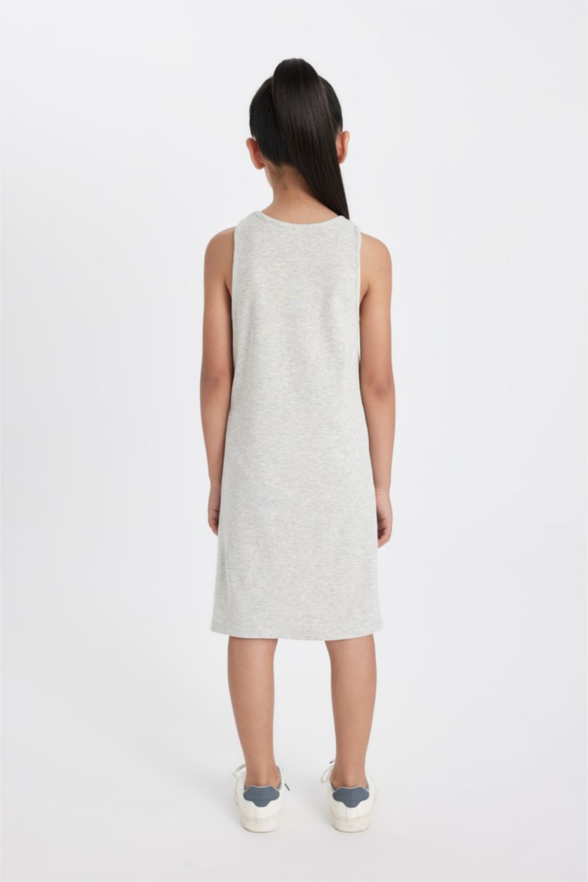 GIRLS & TEENS Light Grey Melange Girl Printed Ribbed Camisole Sleeveless Dress