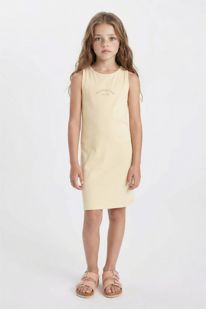 GIRLS & TEENS Light Yellow Girl Printed Ribbed Camisole Sleeveless Dress