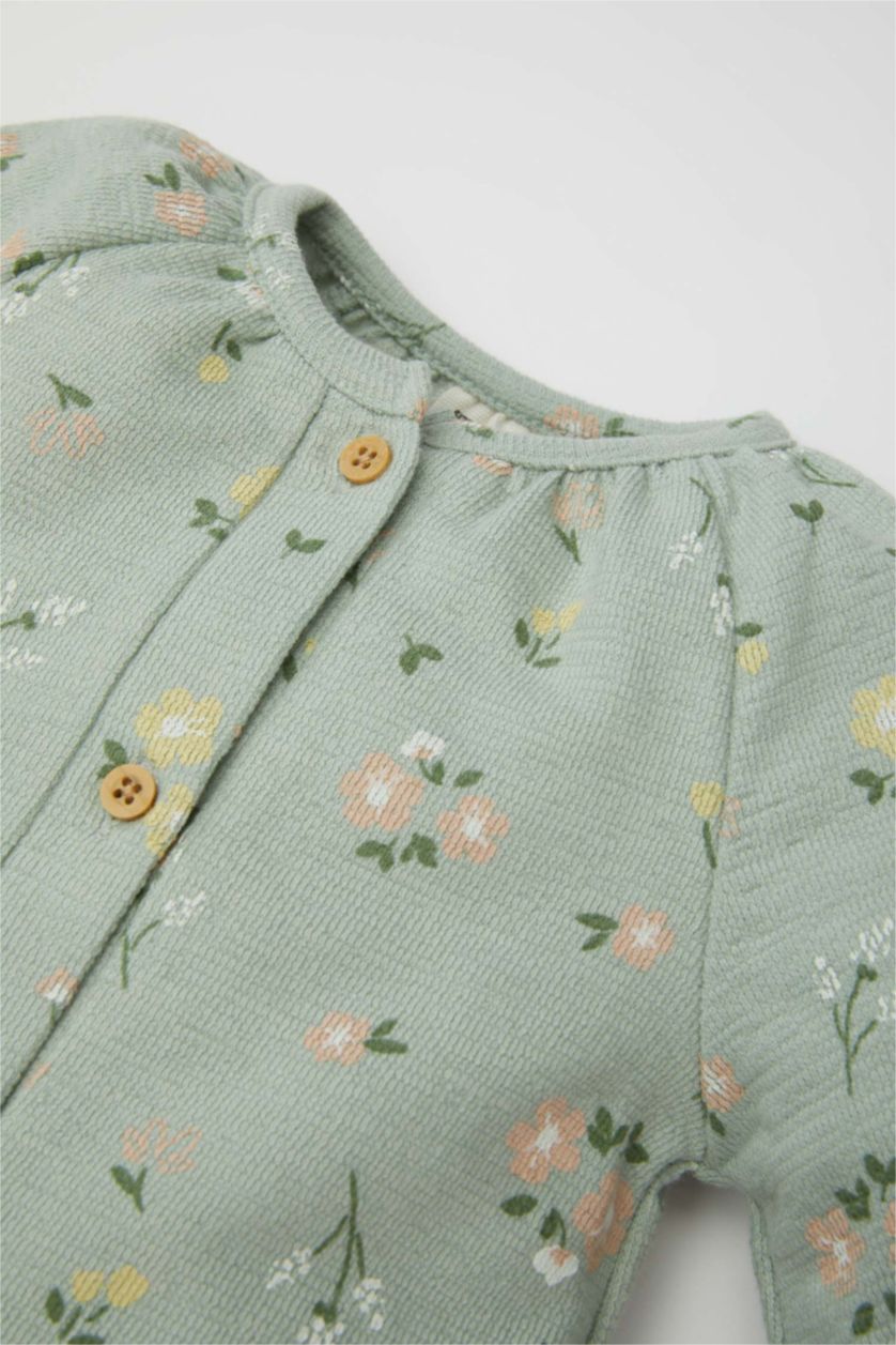 Kız Bebek Mint Kız Bebek Yenidoğan Yeşil Düğmeli Çiçek Desenli Uzun Kollu Tulum