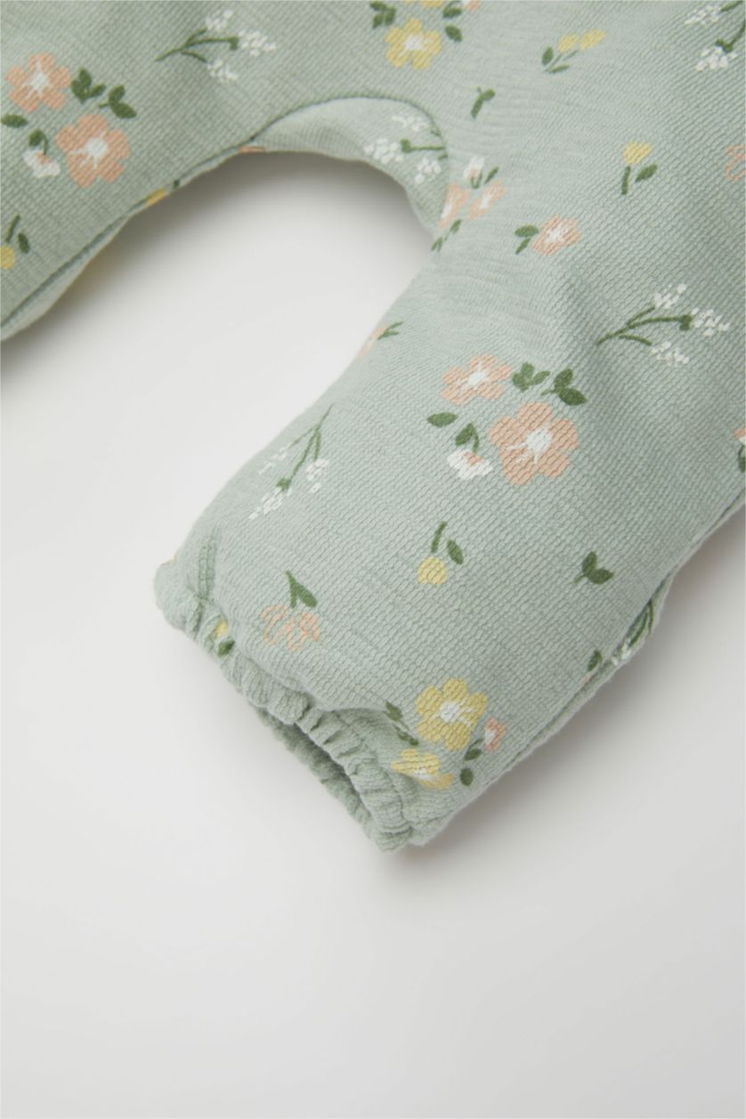 Kız Bebek Mint Kız Bebek Yenidoğan Yeşil Düğmeli Çiçek Desenli Uzun Kollu Tulum