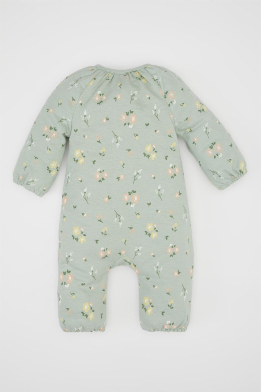 Kız Bebek Mint Kız Bebek Yenidoğan Yeşil Düğmeli Çiçek Desenli Uzun Kollu Tulum