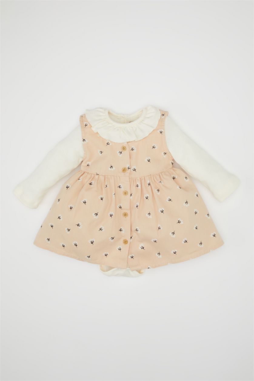 Kız Bebek Kırık Beyaz Kız Bebek 2'li Takım Uzun Kollu Çıtçıtlı Body Üst Çiçekli Düğmeli Elbise