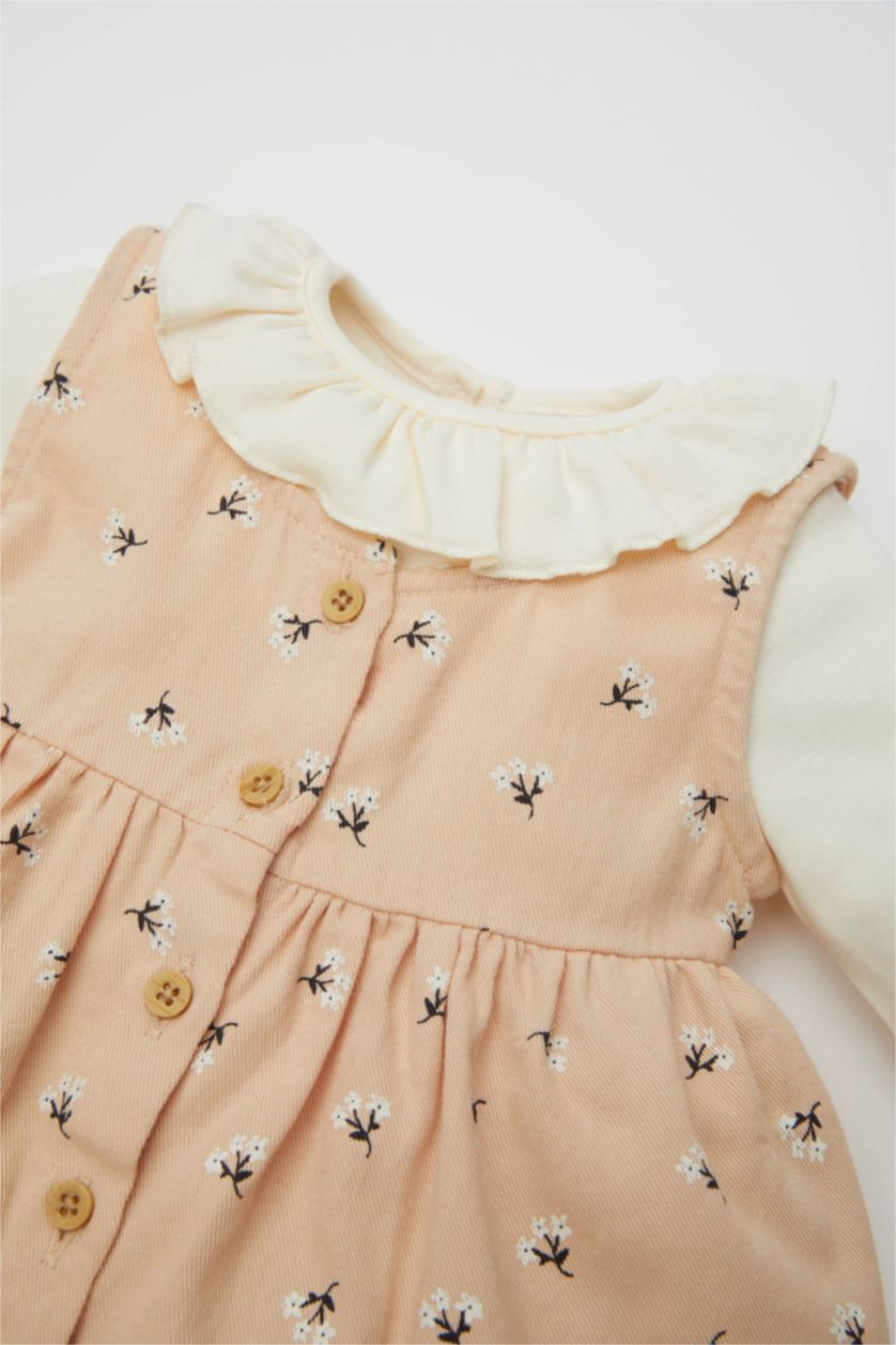 Kız Bebek Kırık Beyaz Kız Bebek 2'li Takım Uzun Kollu Çıtçıtlı Body Üst Çiçekli Düğmeli Elbise