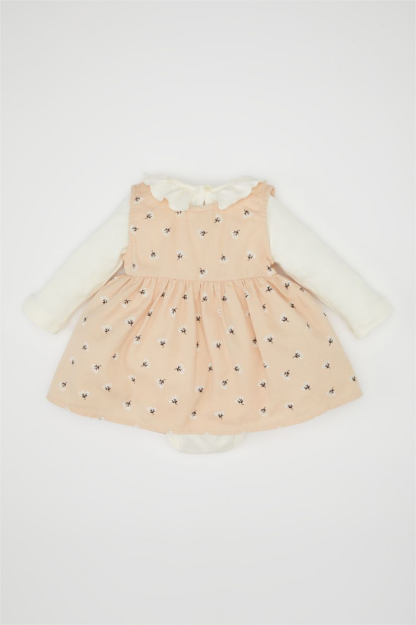 Kız Bebek Kırık Beyaz Kız Bebek 2'li Takım Uzun Kollu Çıtçıtlı Body Üst Çiçekli Düğmeli Elbise