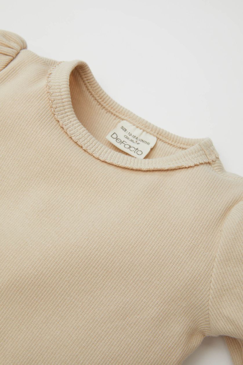 Kız Bebek Ekru 2'li Takım Twill Baskılı Uzun Kollu Çıtçıtlı Body Beli Lastikli Desenli Alt Kız Bebek