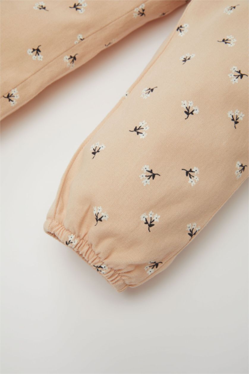 Kız Bebek Ekru 2'li Takım Twill Baskılı Uzun Kollu Çıtçıtlı Body Beli Lastikli Desenli Alt Kız Bebek