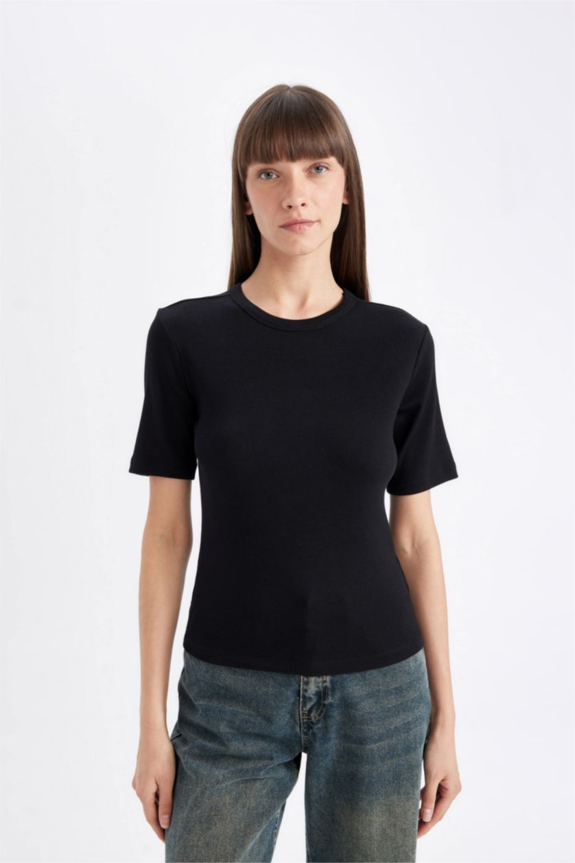 WOMAN Black Slim Fit Crew Neck Ribbed Camisole Short Sleeve T-Shirt