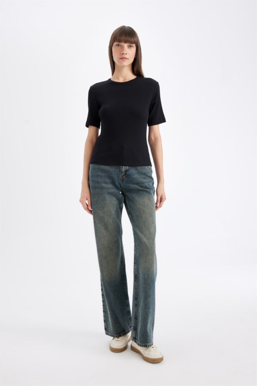 WOMAN Black Slim Fit Crew Neck Ribbed Camisole Short Sleeve T-Shirt