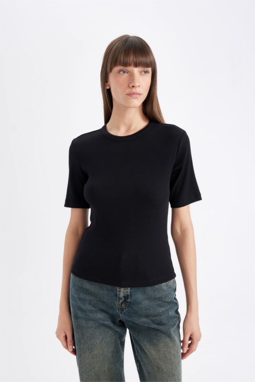 WOMAN Black Slim Fit Crew Neck Ribbed Camisole Short Sleeve T-Shirt