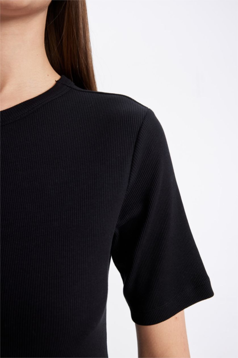 WOMAN Black Slim Fit Crew Neck Ribbed Camisole Short Sleeve T-Shirt