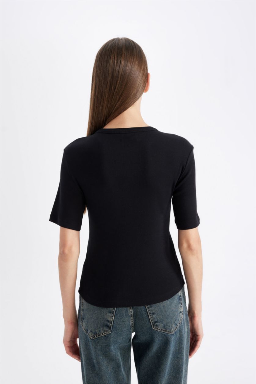 WOMAN Black Slim Fit Crew Neck Ribbed Camisole Short Sleeve T-Shirt