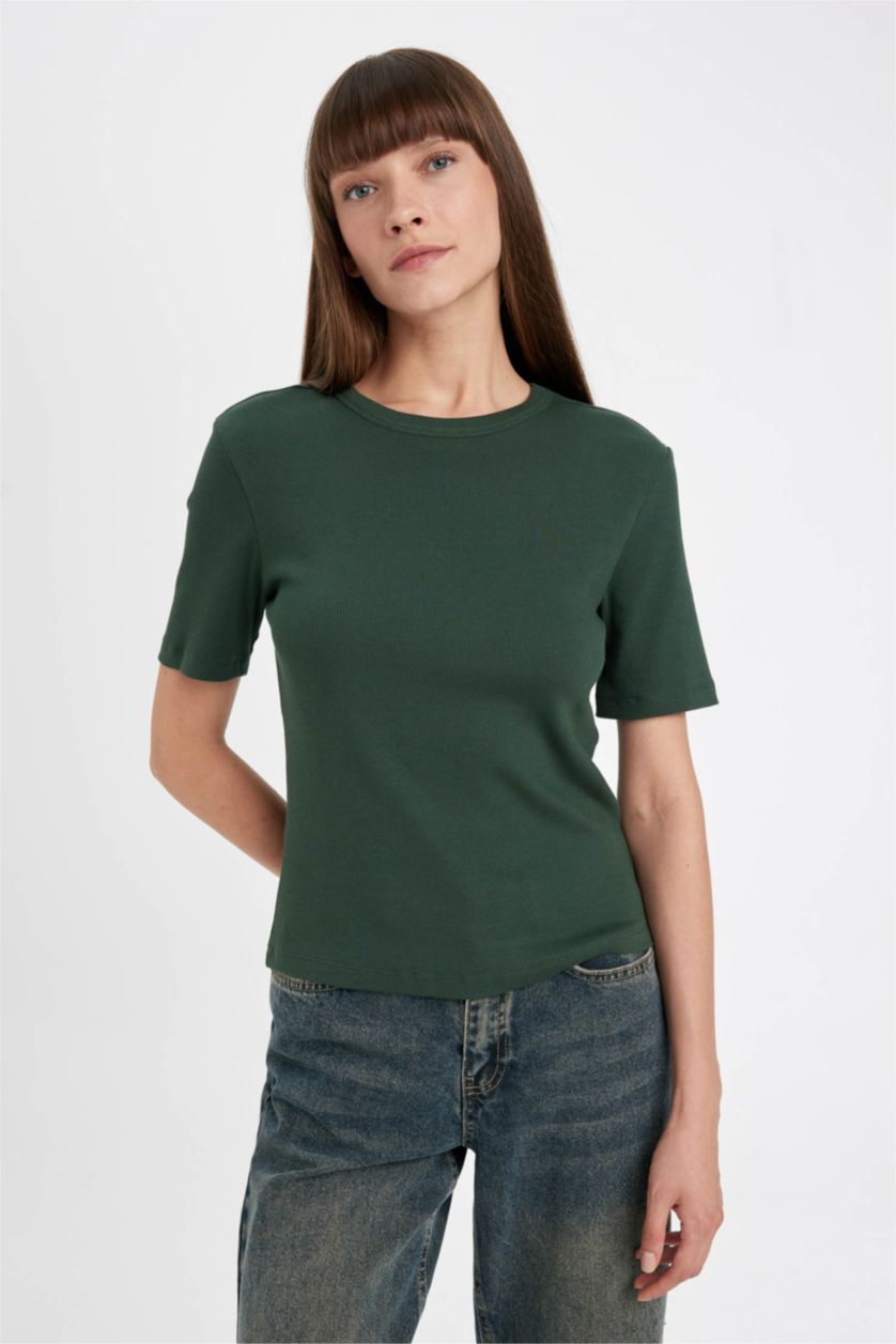 Kadın Yeşil Slım Fıt Bisiklet Yaka Basıc Düz Fitilli Kaşkorse Kısa Kollu Tişört