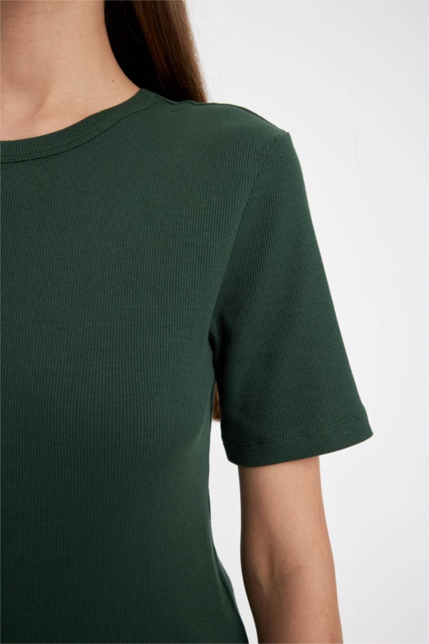 Kadın Yeşil Slım Fıt Bisiklet Yaka Basıc Düz Fitilli Kaşkorse Kısa Kollu Tişört