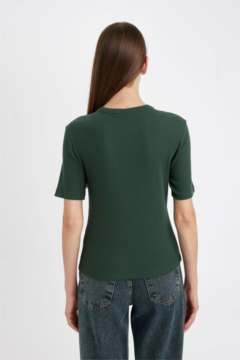 Kadın Yeşil Slım Fıt Bisiklet Yaka Basıc Düz Fitilli Kaşkorse Kısa Kollu Tişört