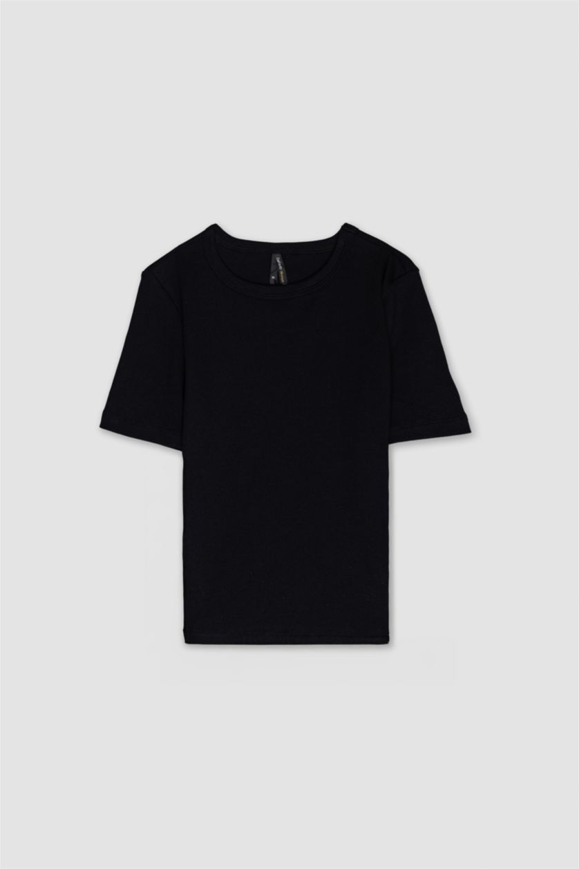 WOMAN Black Slim Fit Crew Neck Basic Camisole Short Sleeve T-Shirt