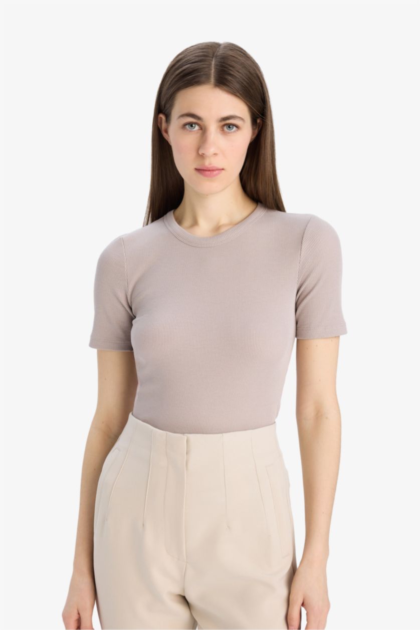 نساء اللون الحجري Slim Fit Crew Neck Basic Ribbed Camisole T-shirt