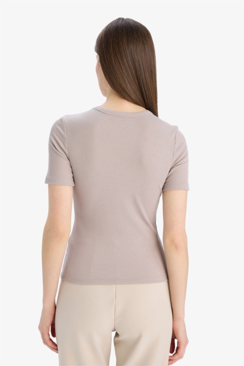 نساء اللون الحجري Slim Fit Crew Neck Basic Ribbed Camisole T-shirt