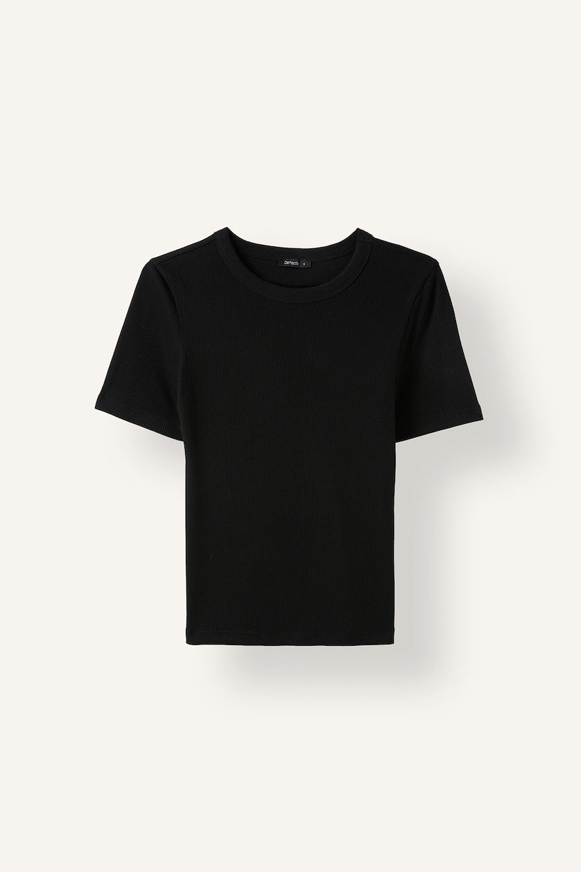 WOMAN Black Slim Fit Basic Plain Ribbed Crew Neck Short Sleeve T-Shirt