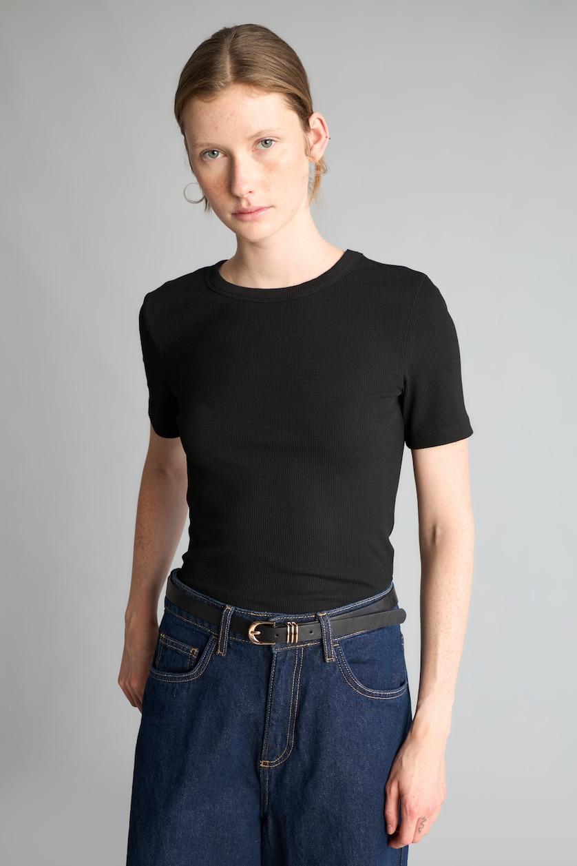 WOMAN Black Slim Fit Basic Plain Ribbed Crew Neck Short Sleeve T-Shirt