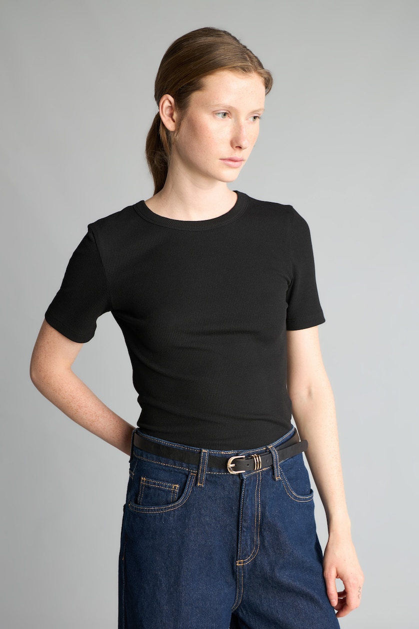 WOMAN Black Slim Fit Basic Plain Ribbed Crew Neck Short Sleeve T-Shirt