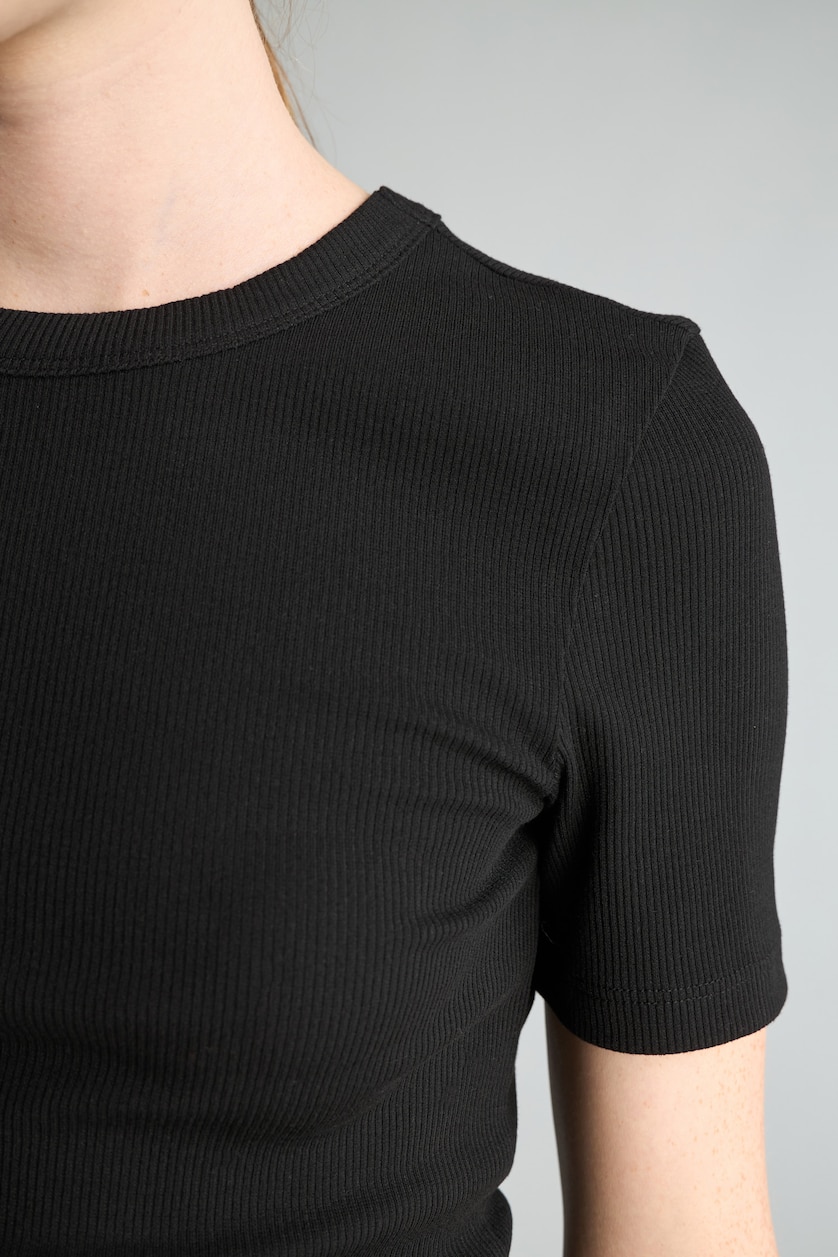 WOMAN Black Slim Fit Basic Plain Ribbed Crew Neck Short Sleeve T-Shirt