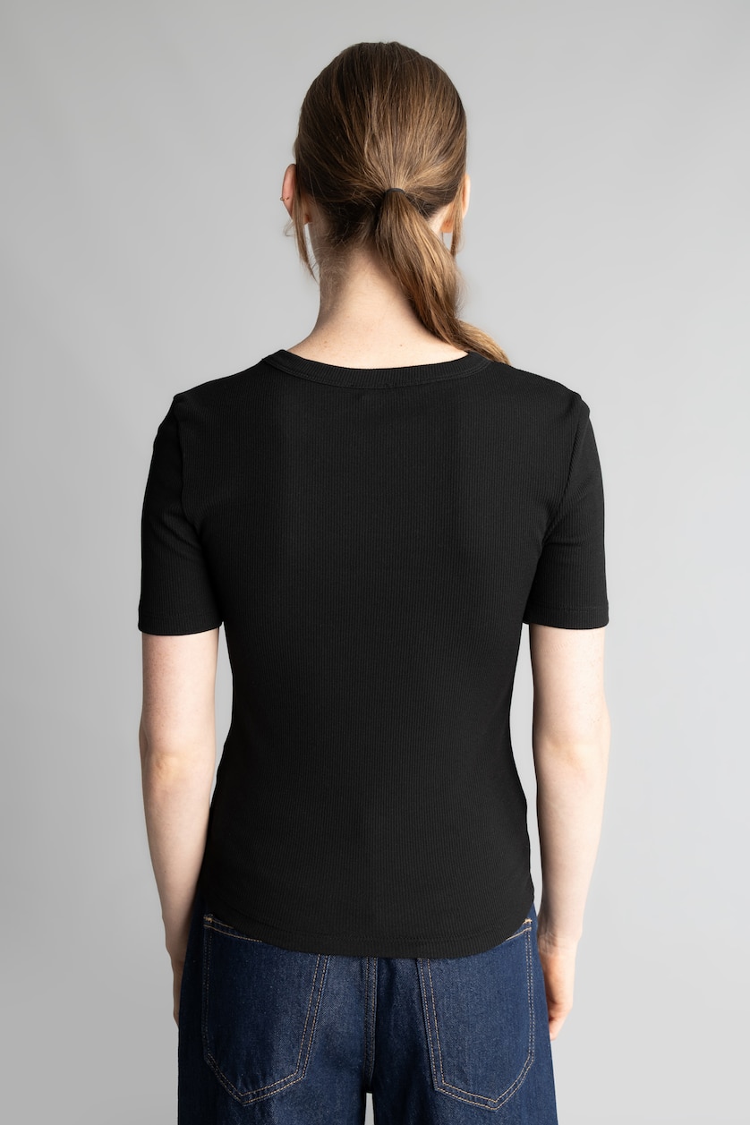 WOMAN Black Slim Fit Basic Plain Ribbed Crew Neck Short Sleeve T-Shirt