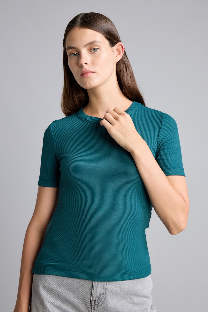 WOMAN Dark Green Slim Fit Crew Neck Basic Ribbed Camisole T-Shirt