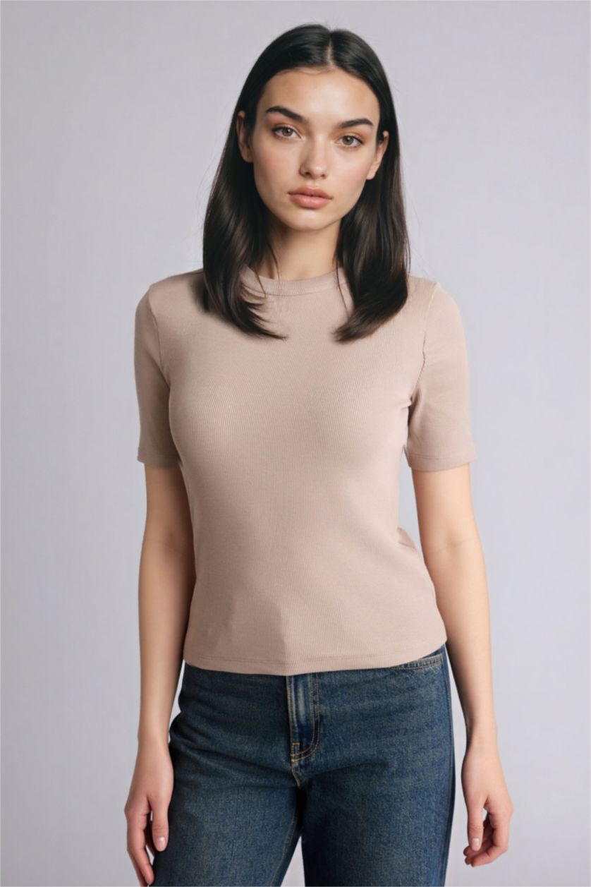 WOMAN Stone Slim Fit Crew Neck Basic Ribbed Short Sleeve T-Shirt