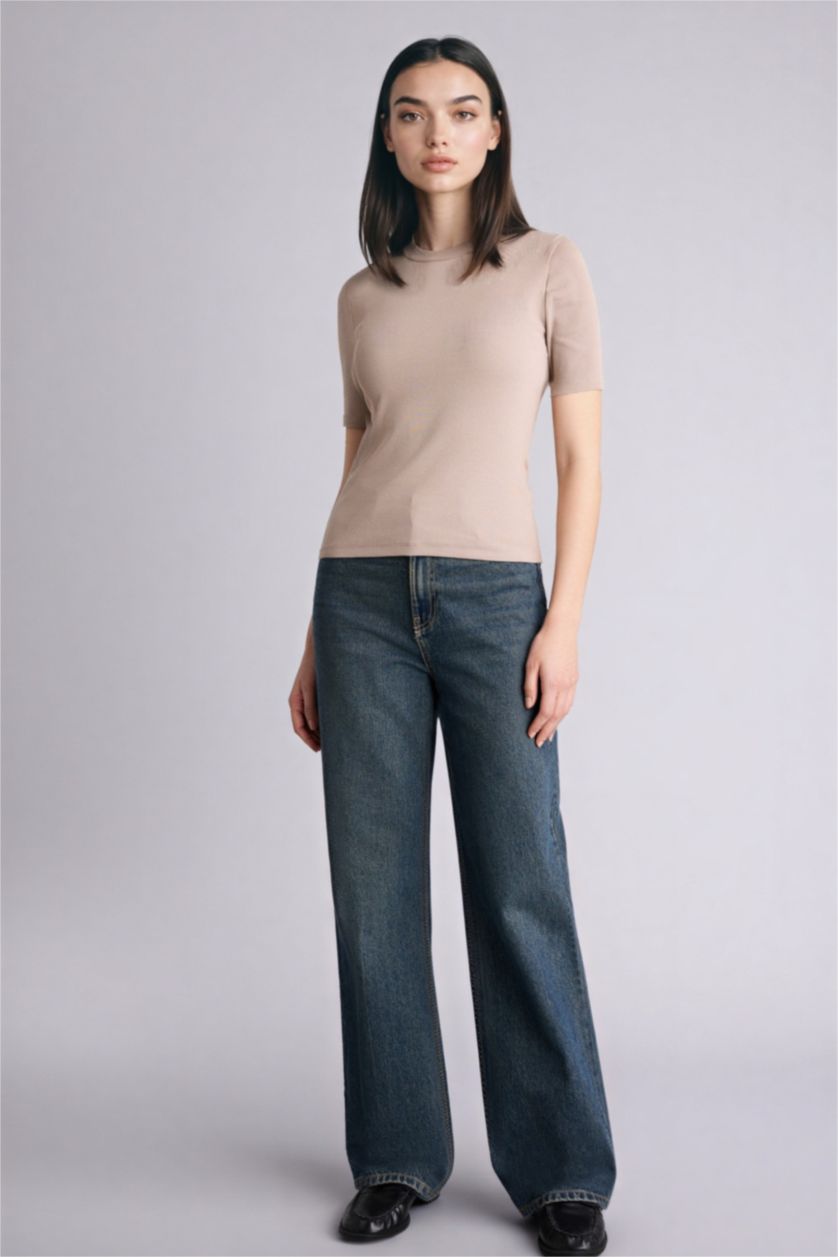 WOMAN Stone Slim Fit Crew Neck Basic Ribbed Short Sleeve T-Shirt